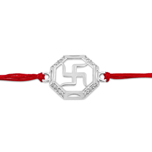 Zarkan Swastik Pure Silver Elegant Rakhi With Roli Chawal