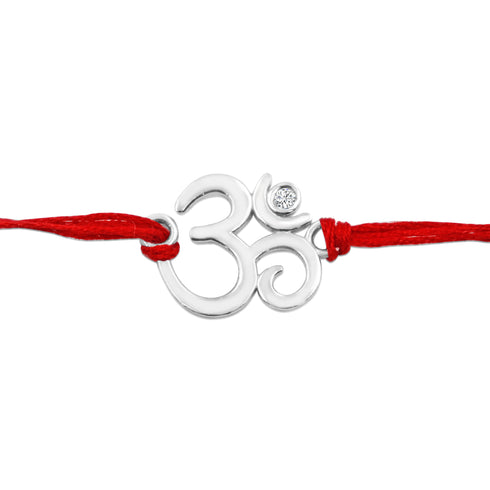 Zarkan OM With American Diamond Stone Silver Rakhi With Roli Chawal